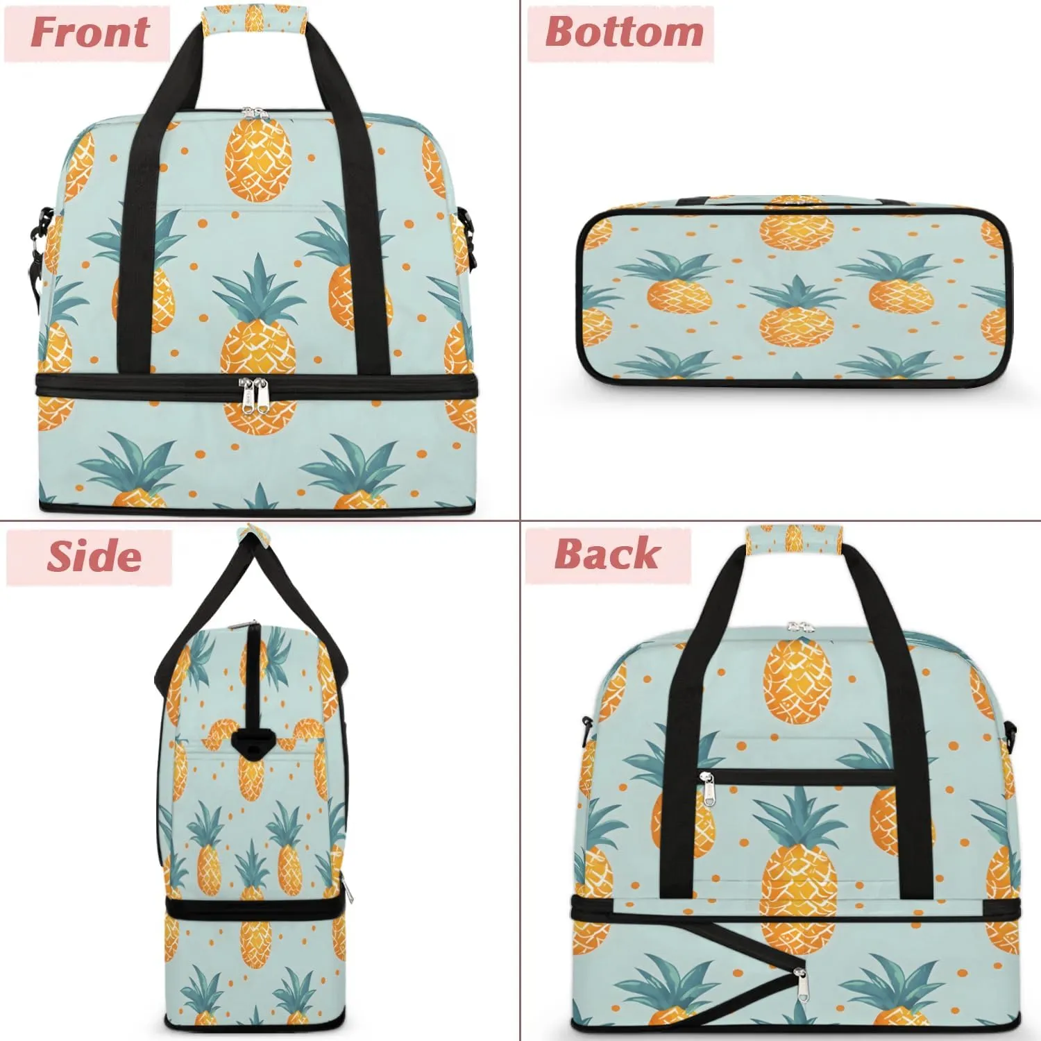 Travel Duffel Bag Pineapples Fruit Print Weekender Bag with Shoe Compartment Foldable Overnight Bags for Travel Sports Lightweight Gym Bags for Men Women