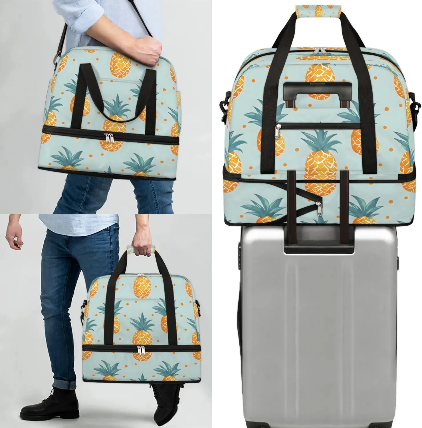 Travel Duffel Bag Pineapples Fruit Print Weekender Bag with Shoe Compartment Foldable Overnight Bags for Travel Sports Lightweight Gym Bags for Men Women