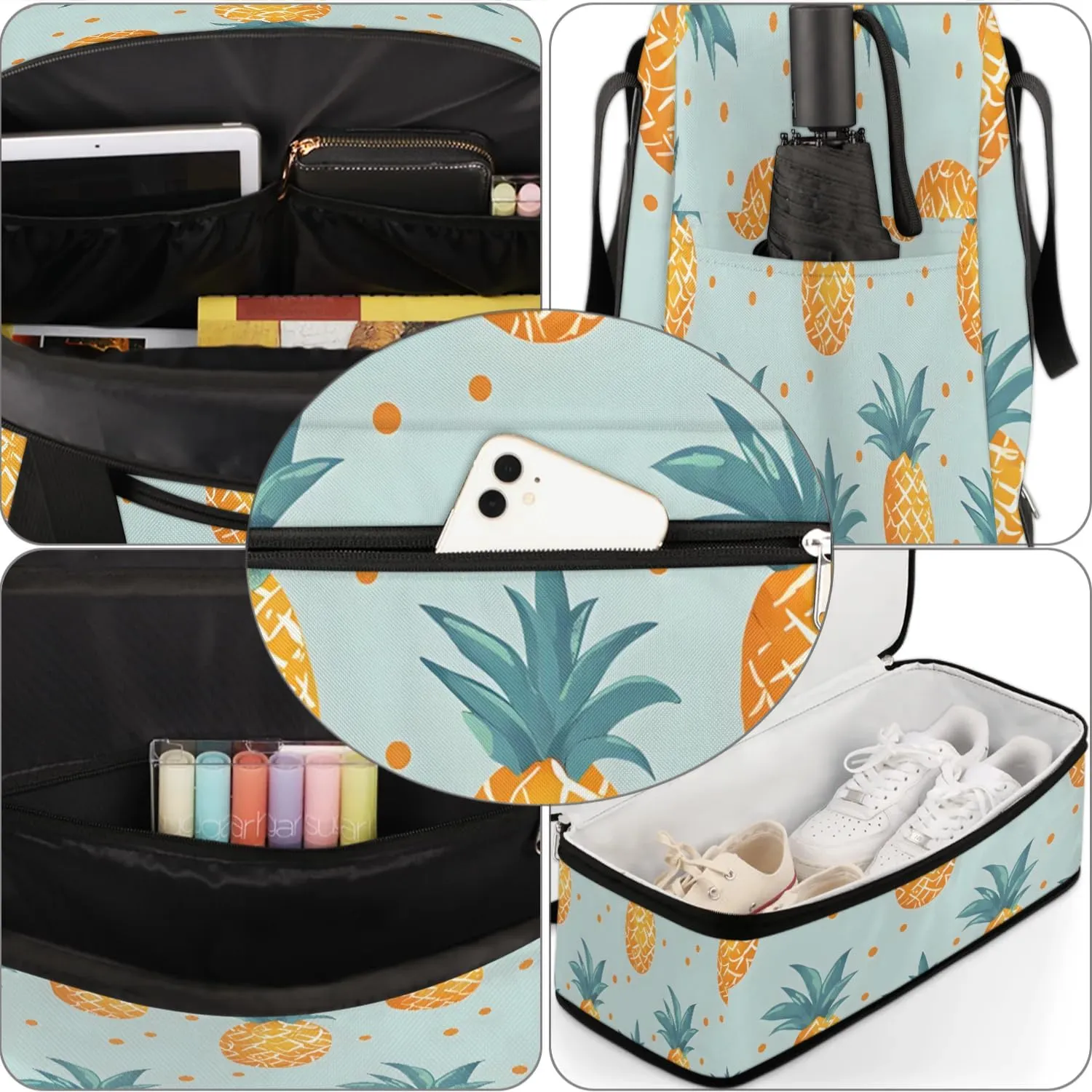 Travel Duffel Bag Pineapples Fruit Print Weekender Bag with Shoe Compartment Foldable Overnight Bags for Travel Sports Lightweight Gym Bags for Men Women