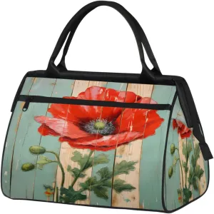 Travel Duffel Bag, Poppy Flower Wood Sports Tote Gym Bag,Overnight Weekender Bags Carry on Bag for Women Men, Airlines Approved Personal Item Travel Bag for Labor and Delivery