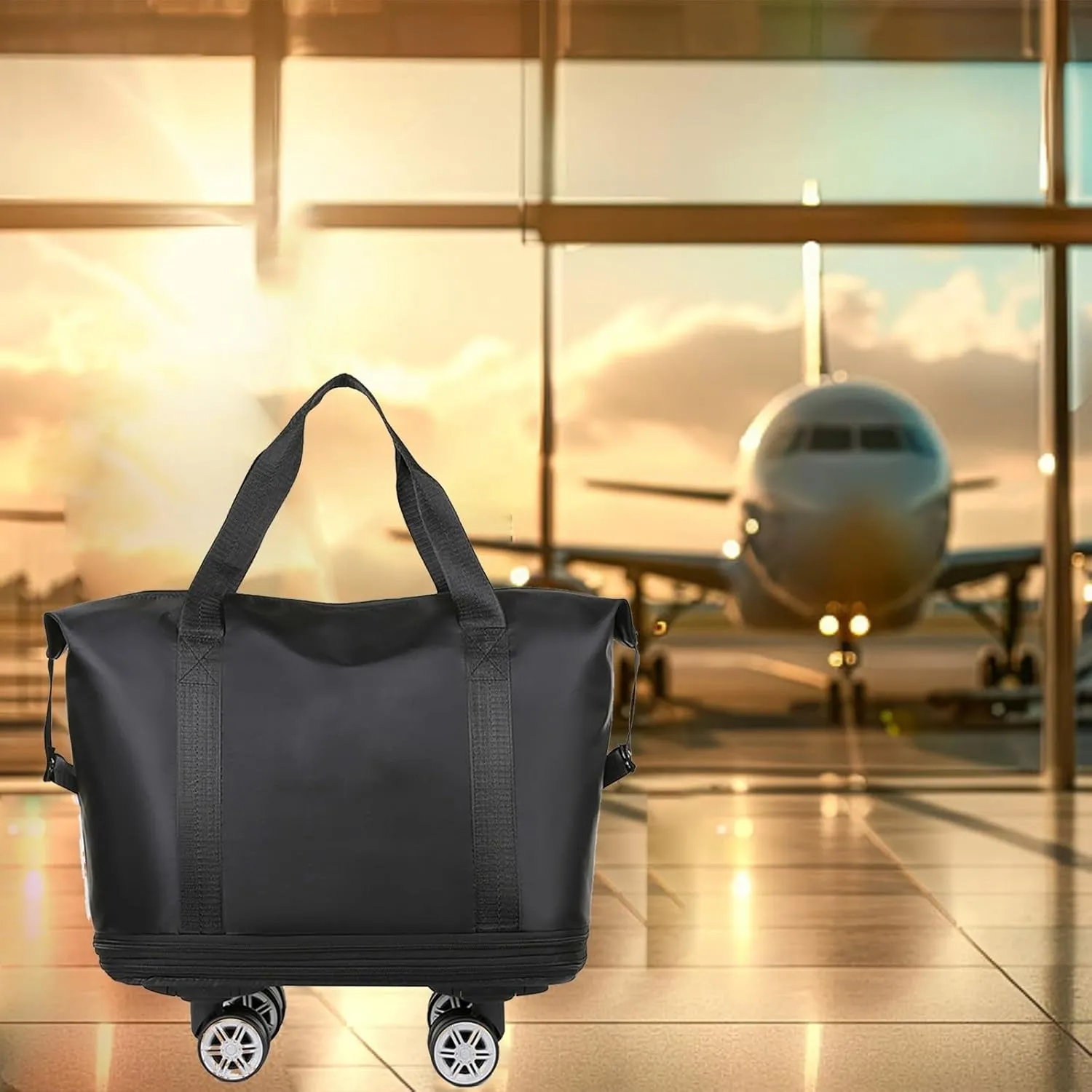 Travel Duffel Bag with Wheels, Expandable Foldable Rolling Luggage Bag with Detachable Wheels for Wome, Rolling Duffle Bag, Carry On, Large Weekend Bag Overnight Bag (Black)