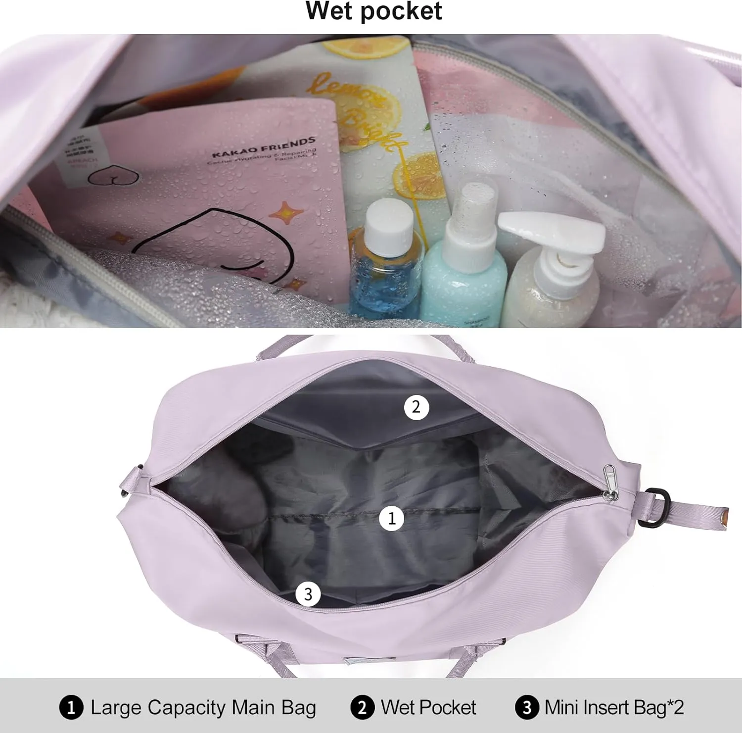 Travel Duffel Bags for Women,Weekender Overnight Bag with Wet Pocket & Toiletry Bag,Carry On Personal Item,Light Purple