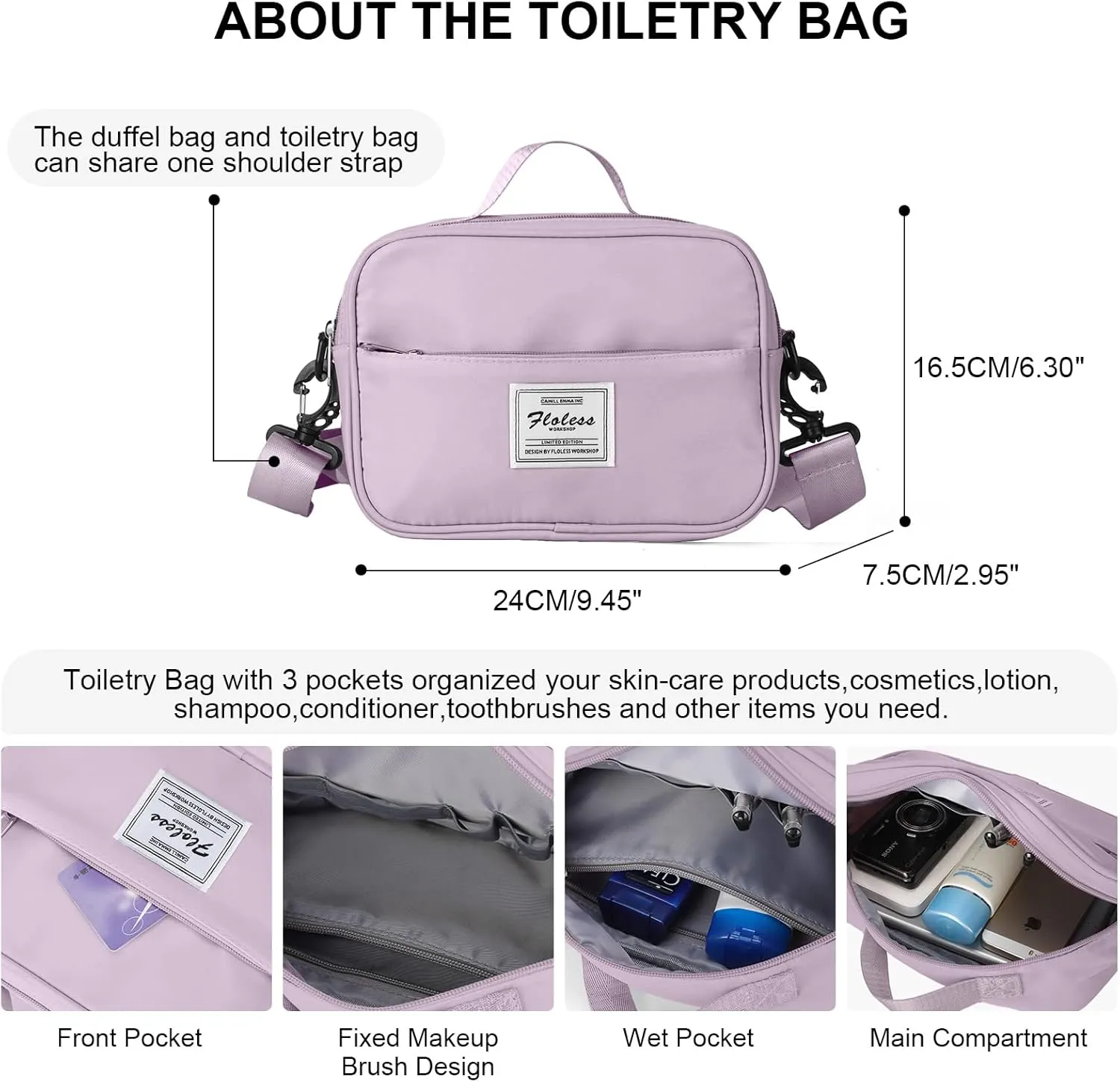 Travel Duffel Bags for Women,Weekender Overnight Bag with Wet Pocket & Toiletry Bag,Carry On Personal Item,Light Purple