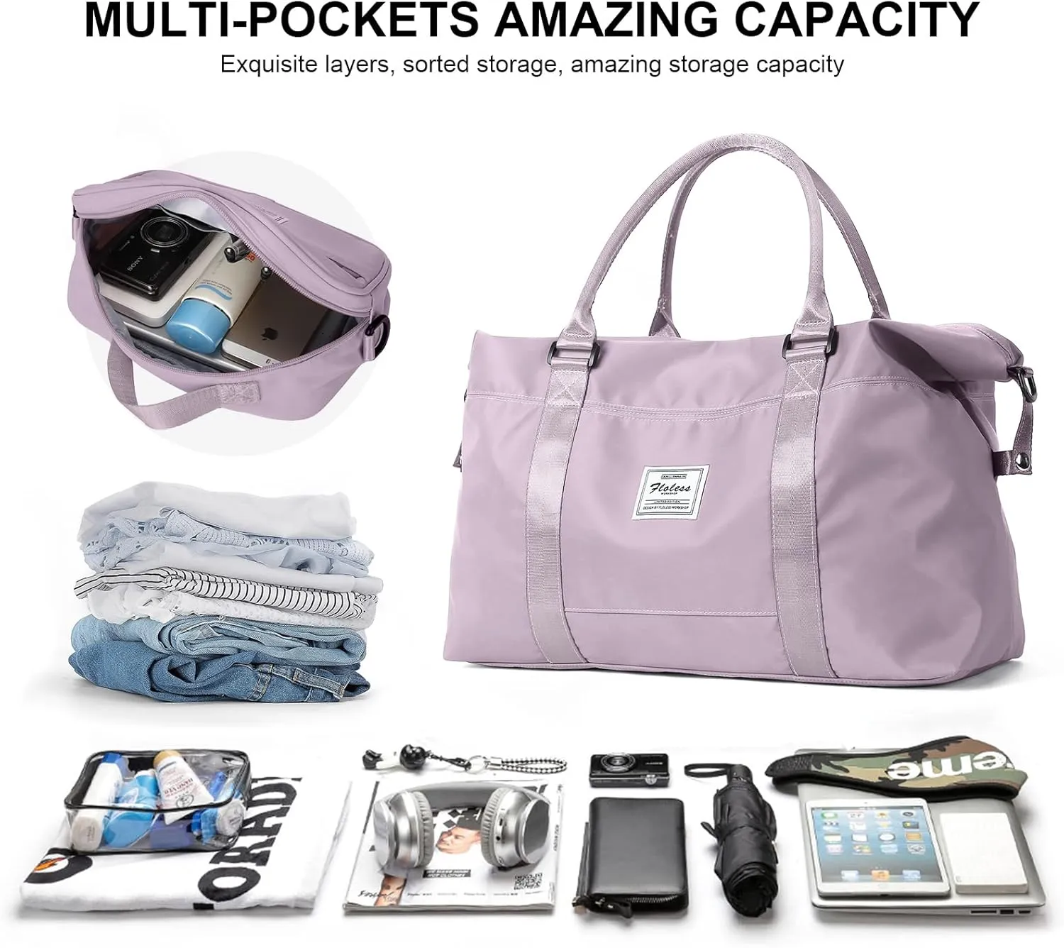 Travel Duffel Bags for Women,Weekender Overnight Bag with Wet Pocket & Toiletry Bag,Carry On Personal Item,Light Purple