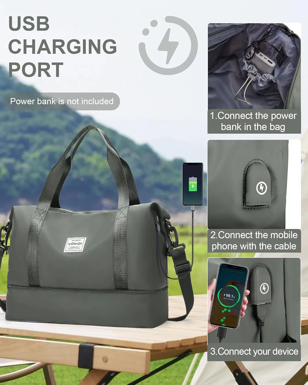Travel Duffel Bags with USB port,Weekender Bags for Women,Waterproof Overnight Bag with Toiletry Bag,Sport Gym Tote Bag with Wet Pocket and Shoes Compartment, Carry On Bag for Airplanes,DarkGreen