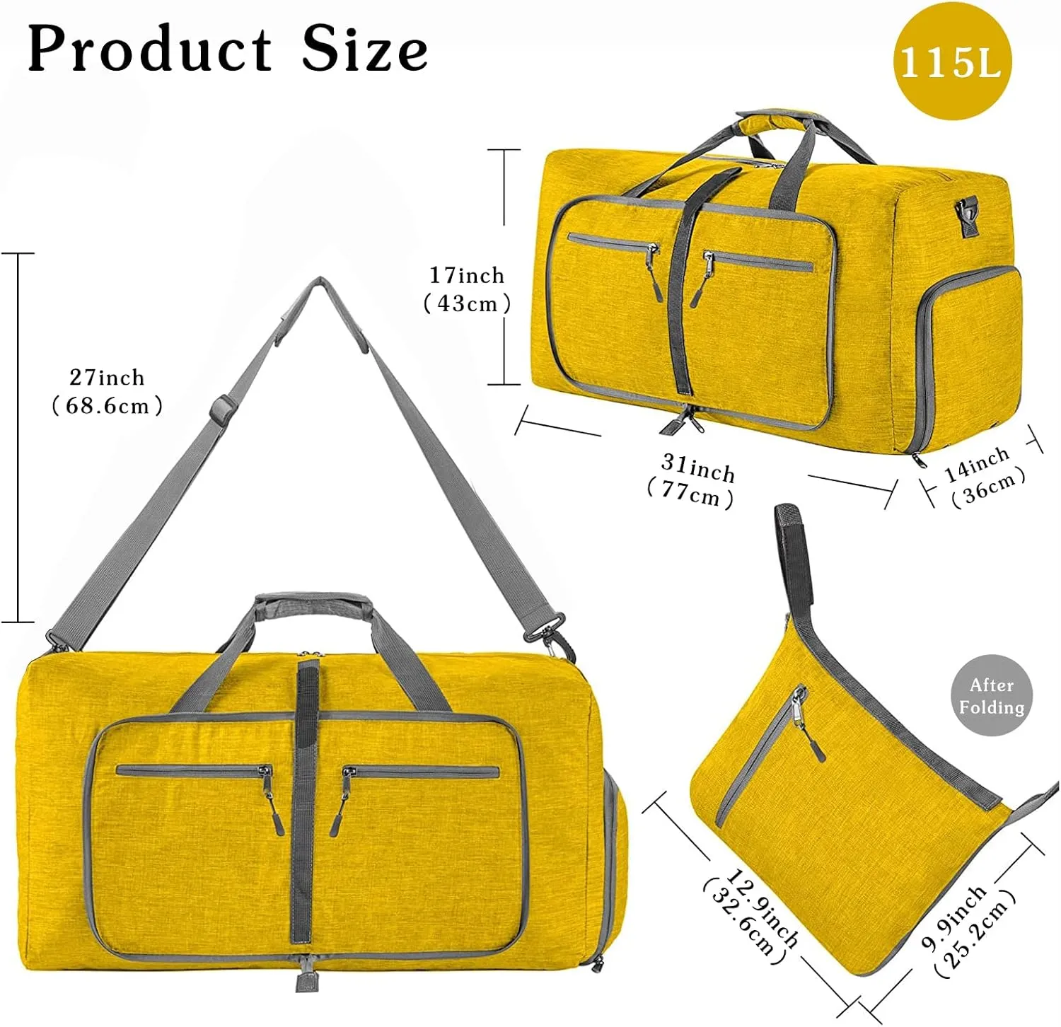 Travel Duffle Bag for Men/Women 115L Foldable Sport Duffel Bag Gym Tote Bag with Shoes Compartment Large Overnight Bag Weekend Shoulder Bag Lightweight Carry On Luggage Hospital Bag Yellow B