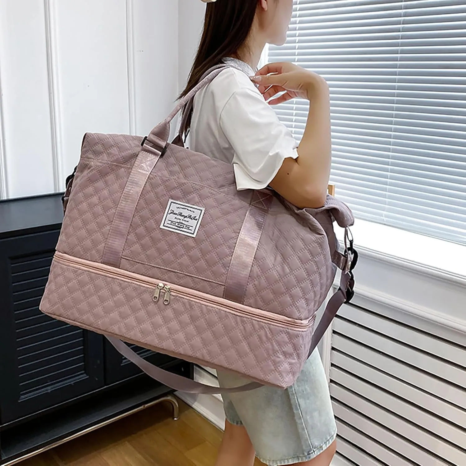 Travel Duffle Bag for Women with Shoe Compartment Carry on Overnight Bag with Toiletry Bag Gym Totes Bags with Wet Pocket Hospital Bags (Bean Set Bag)