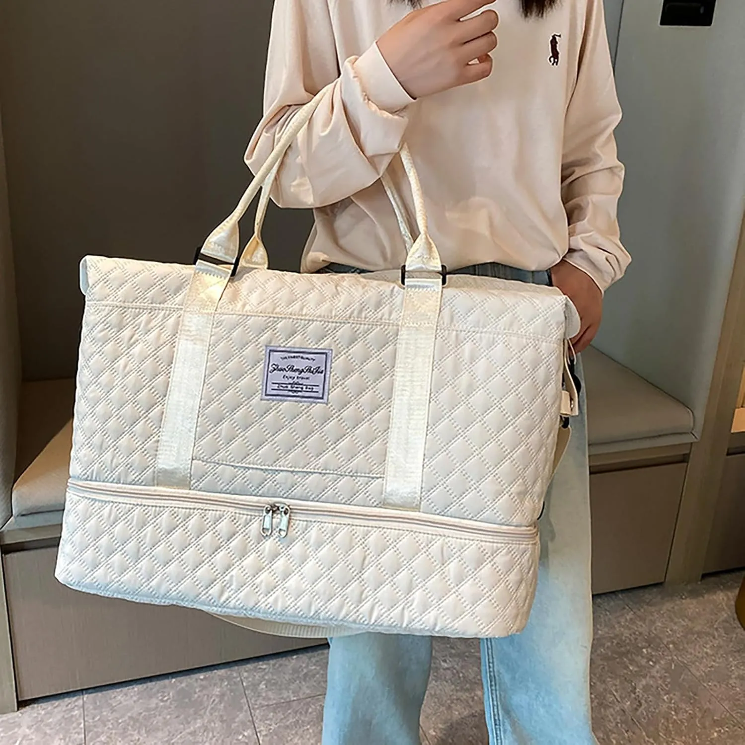 Travel Duffle Bag for Women with Shoe Compartment Carry on Overnight Bag with Toiletry Bag Gym Totes Bags with Wet Pocket Hospital Bags (Off-White Set Bag)