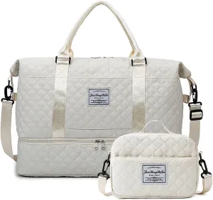 Travel Duffle Bag for Women with Shoe Compartment Carry on Overnight Bag with Toiletry Bag Gym Totes Bags with Wet Pocket Hospital Bags (Off-White Set Bag)