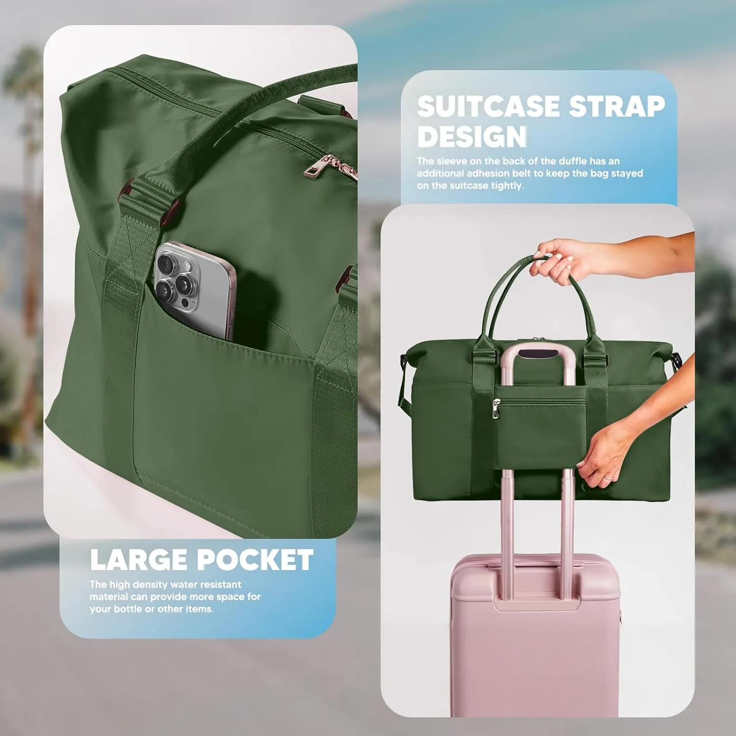 Travel Duffle Bag, Waterproof Weekender Bag for Women, Lightweight Carry on Sport Gym Bag for Women, Overnight Tote Luggage Bag with Trollery Sleeve (Dark Green)