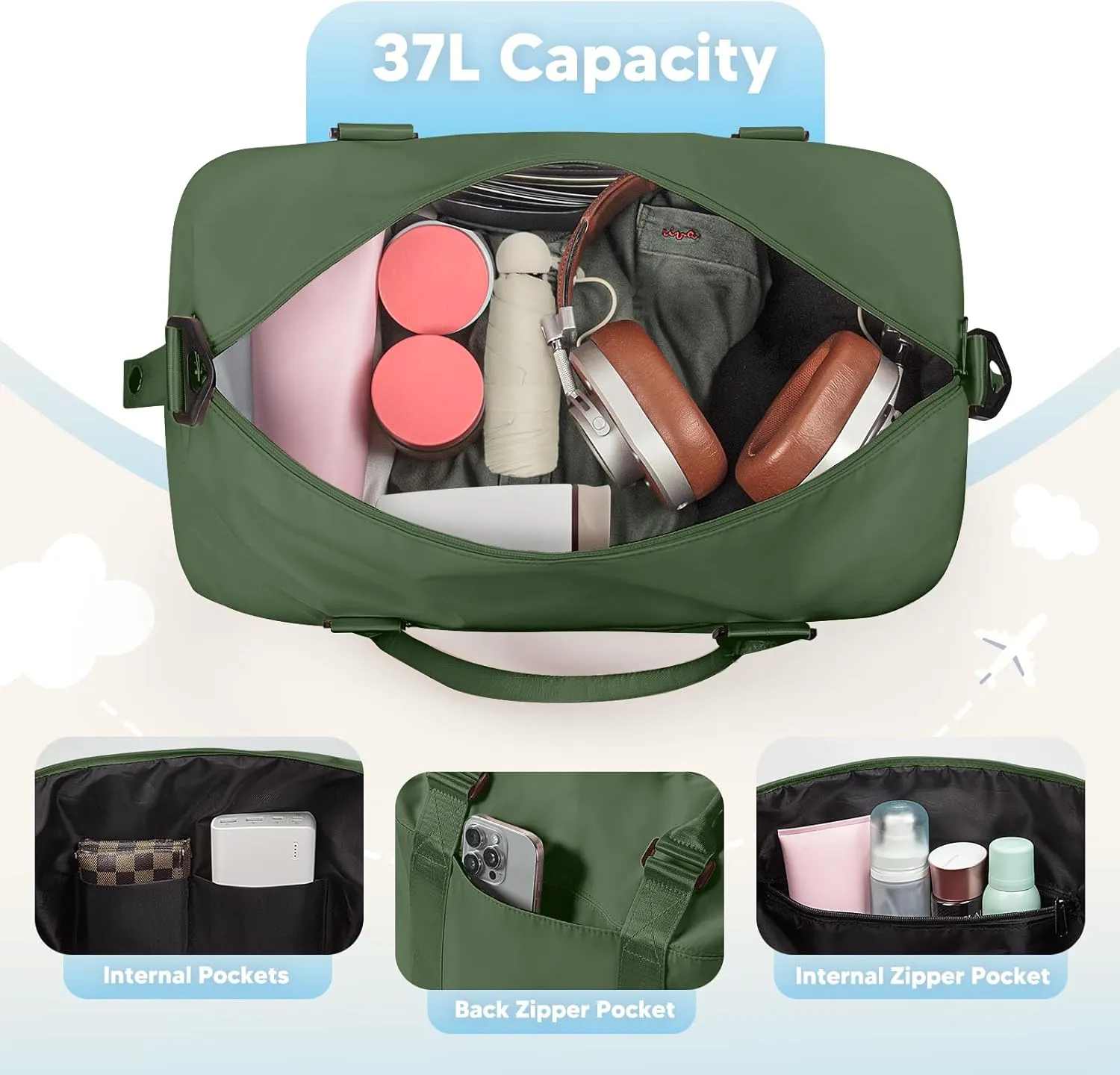 Travel Duffle Bag, Waterproof Weekender Bag for Women, Lightweight Carry on Sport Gym Bag for Women, Overnight Tote Luggage Bag with Trollery Sleeve (Dark Green)