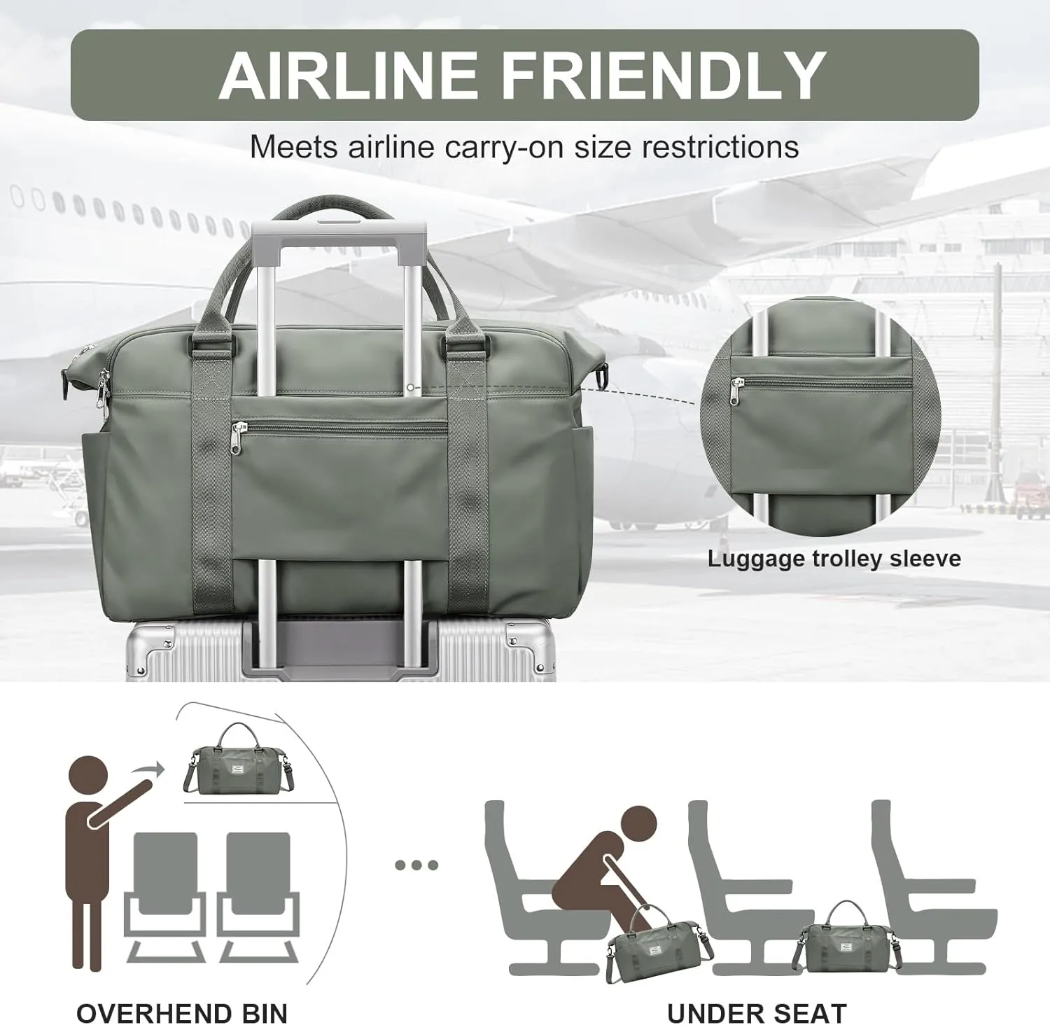 Travel Duffle Bag, Women Weekender Overnight Bags with Laptop Compartment and Wet Pocket, Womens Mens Traveling Carry On Luggage Gym Bag, Hospital Bags for Labor and Delivery, Green