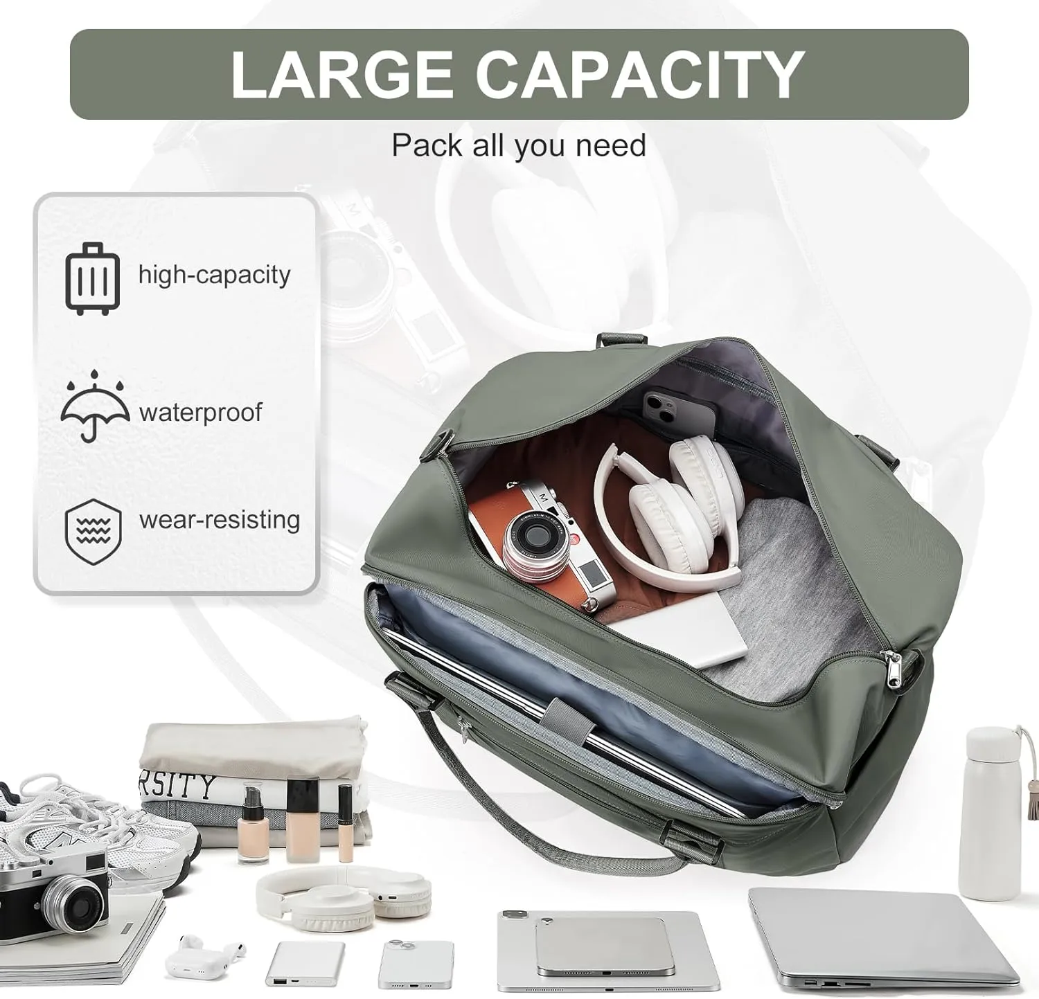 Travel Duffle Bag, Women Weekender Overnight Bags with Laptop Compartment and Wet Pocket, Womens Mens Traveling Carry On Luggage Gym Bag, Hospital Bags for Labor and Delivery, Green