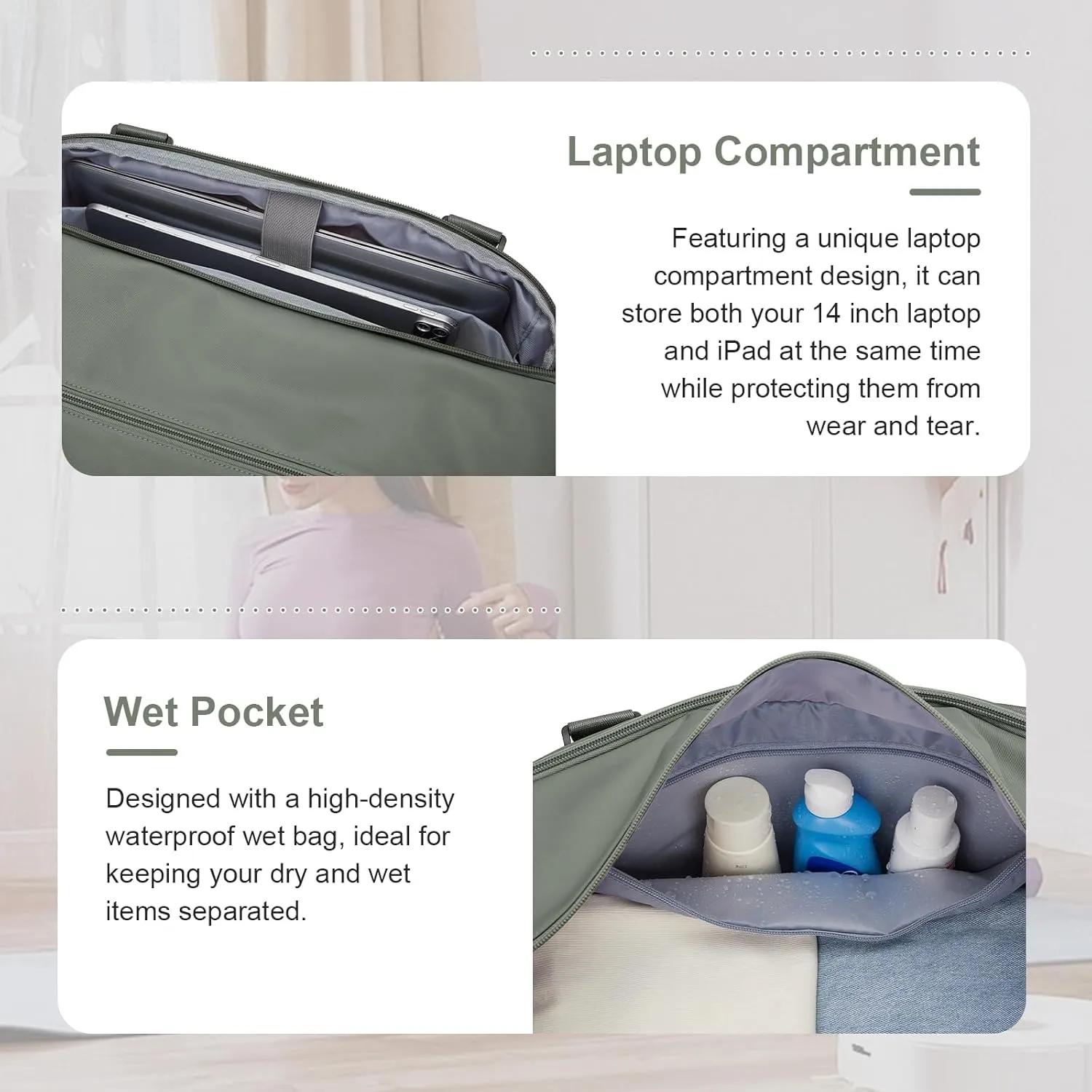 Travel Duffle Bag, Women Weekender Overnight Bags with Laptop Compartment and Wet Pocket, Womens Mens Traveling Carry On Luggage Gym Bag, Hospital Bags for Labor and Delivery, Green