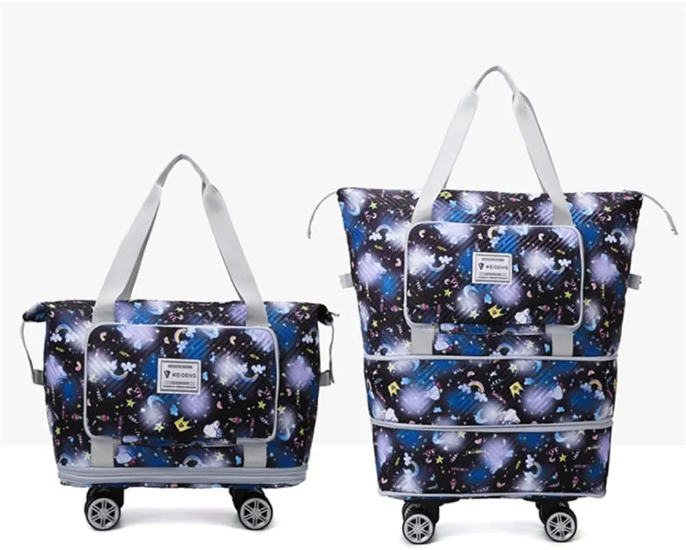 Travel Tote Bags with Trolley Sleeve Expandable Extra Waterproof Rainbow Oxford Duffel Bag with Wheels