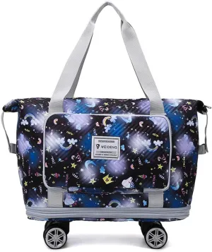 Travel Tote Bags with Trolley Sleeve Expandable Extra Waterproof Rainbow Oxford Duffel Bag with Wheels