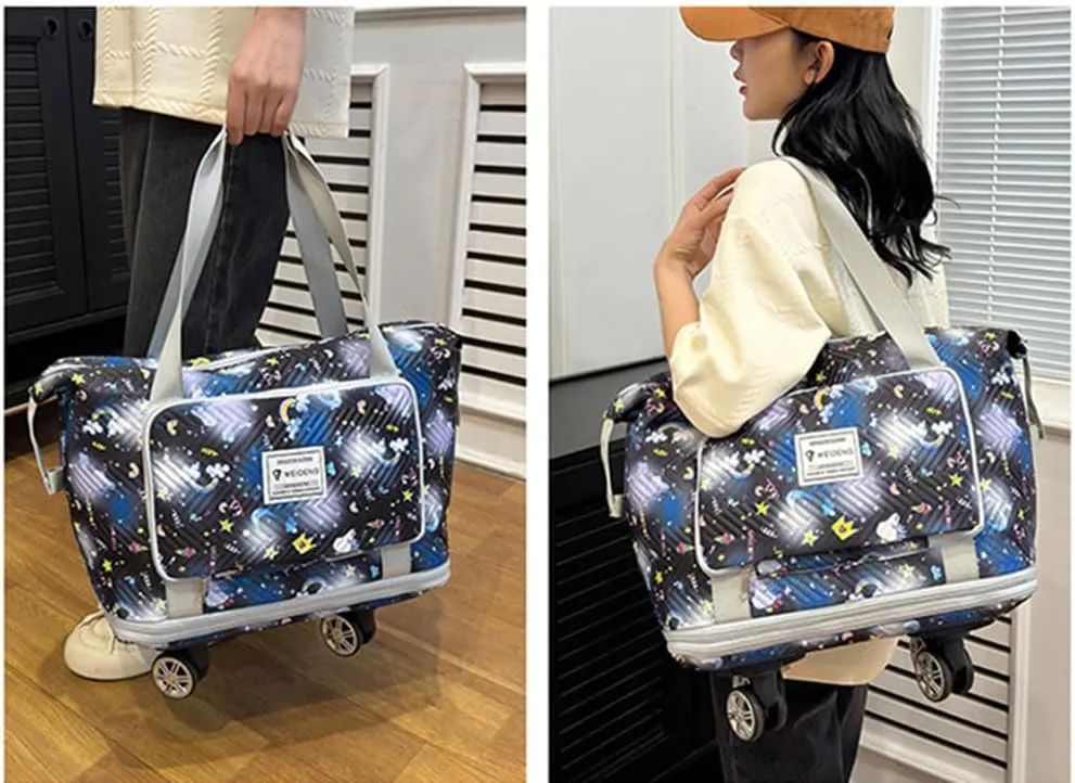 Travel Tote Bags with Trolley Sleeve Expandable Extra Waterproof Rainbow Oxford Duffel Bag with Wheels