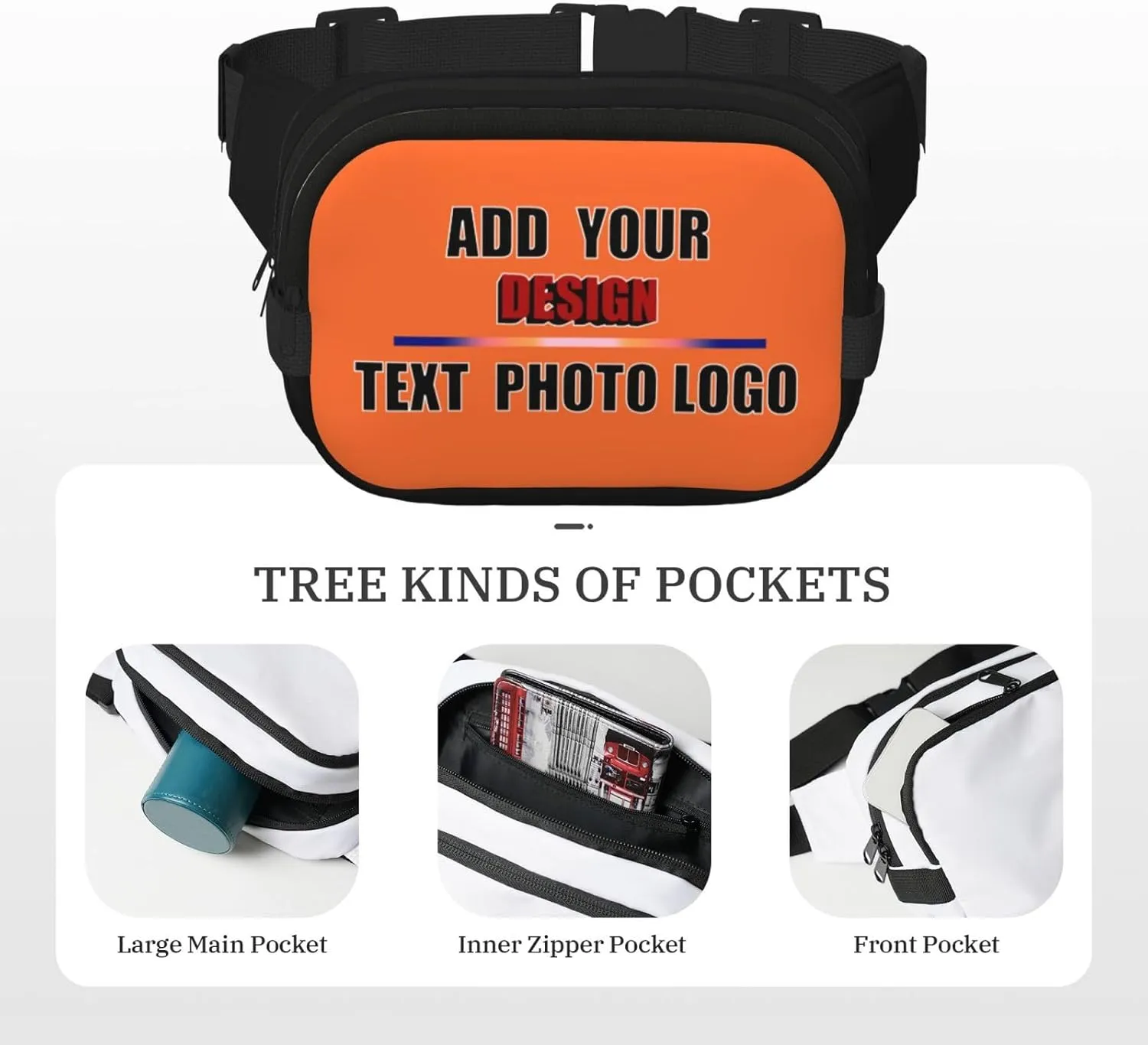 Travel Waist Pack Fanny Bag with Photo Text Logo Hands-Free Belt Bag for Men Women Sports Outdoor Use