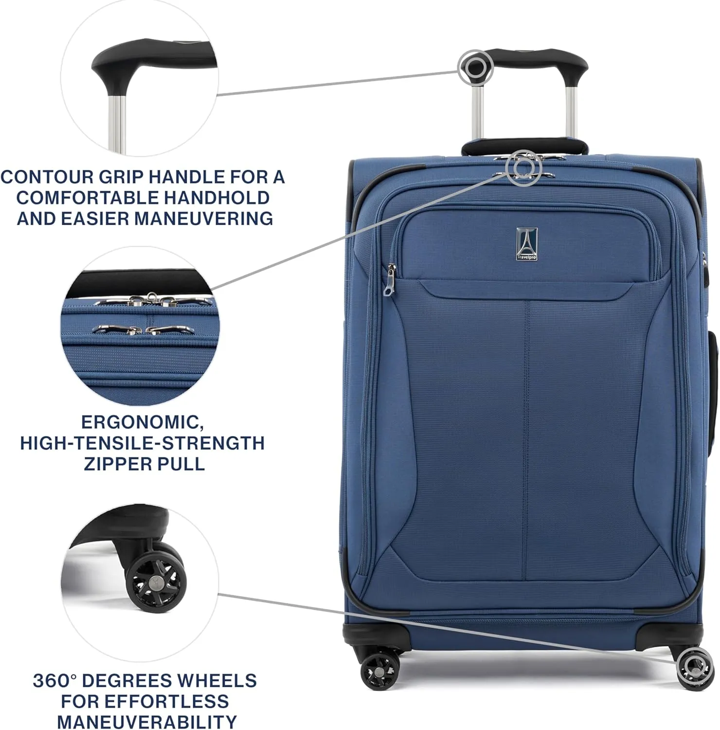 Travelpro Tourlite Softside 25" Expandable Luggage with 4 Spinner Wheels, Lightweight Suitcase, Checked Medium, Blue