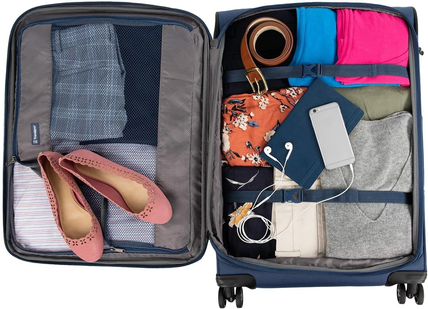 Travelpro Tourlite Softside 25" Expandable Luggage with 4 Spinner Wheels, Lightweight Suitcase, Checked Medium, Blue