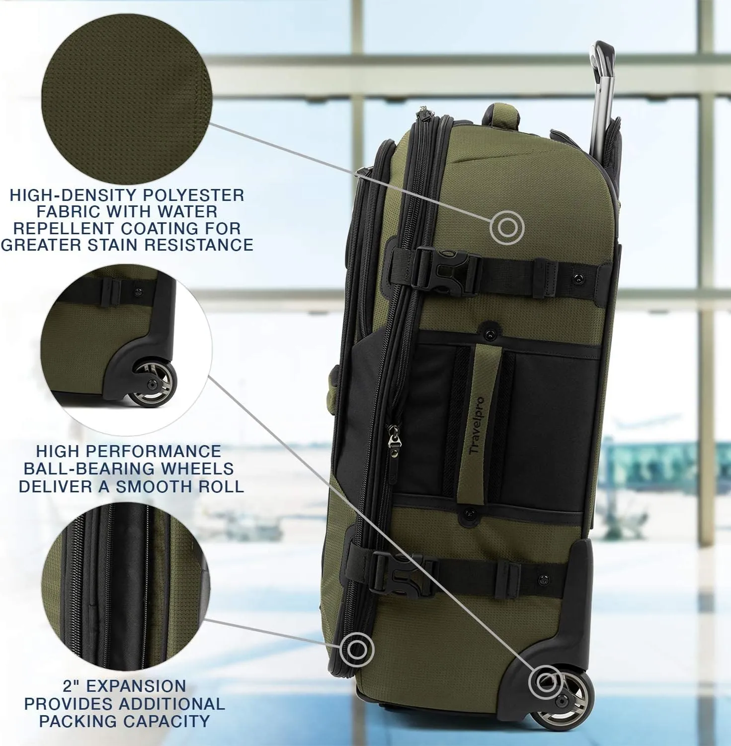 Travelpro Unisex-Adult Bold-Softside Expandable Rollaboard Upright Luggage, Olive/Black, Checked-Medium 25-Inch