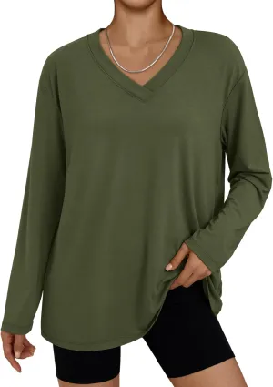 Trendy Queen Oversized Tshirts for Women Workout Plus Size Gym Tops V Neck Long Sleeve T Shirts Spring Casual Basic Tees