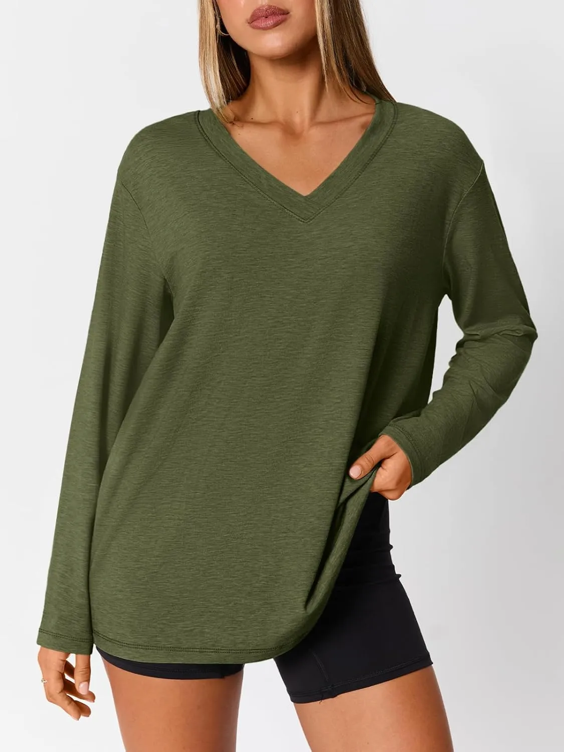 Trendy Queen Oversized Tshirts for Women Workout Plus Size Gym Tops V Neck Long Sleeve T Shirts Spring Casual Basic Tees