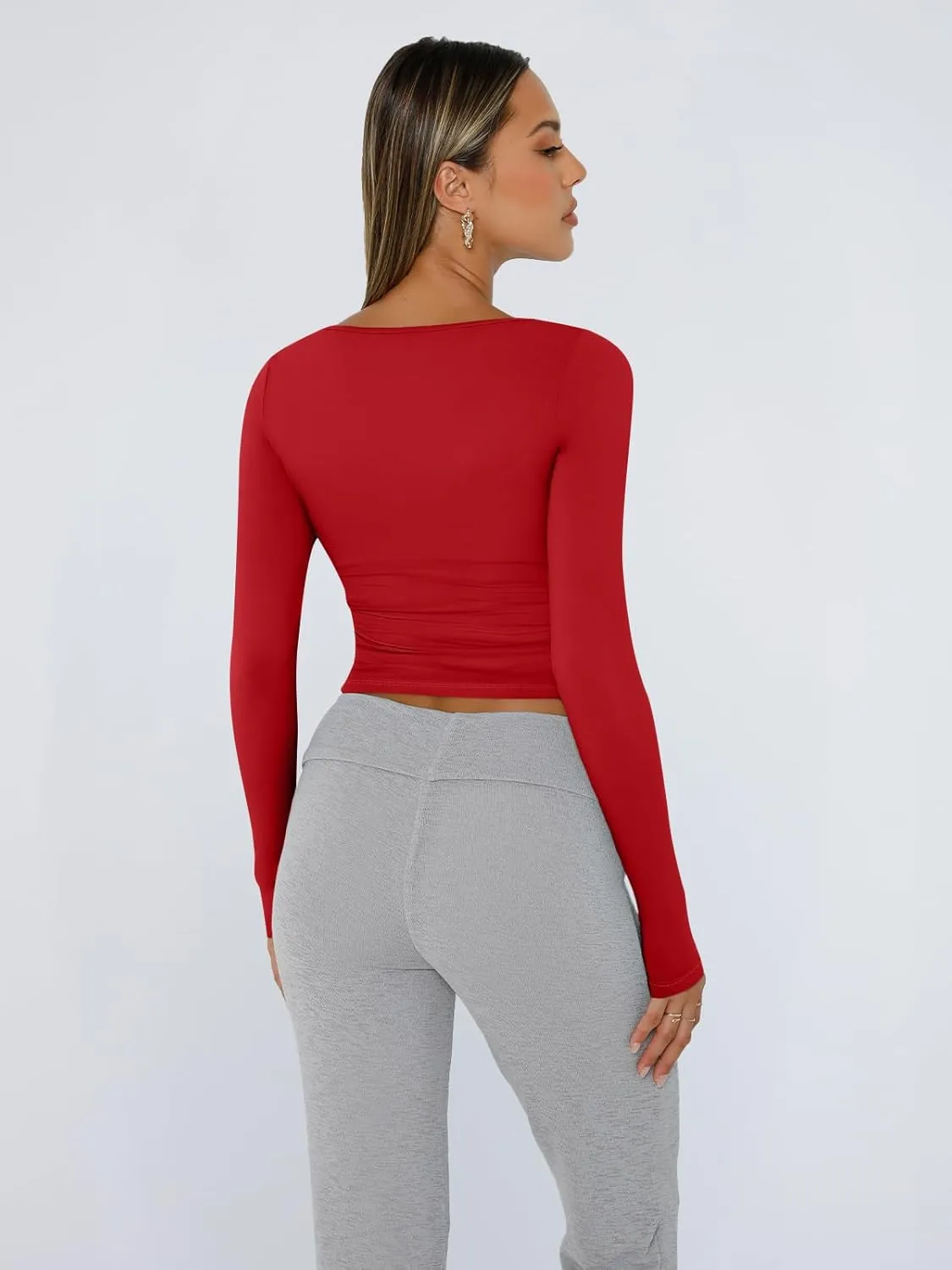 Trendy Queen Womens Long Sleeve Shirts Crop Tops Square Neck Going Out Basics Tees Y2K Winter Clothes 2025