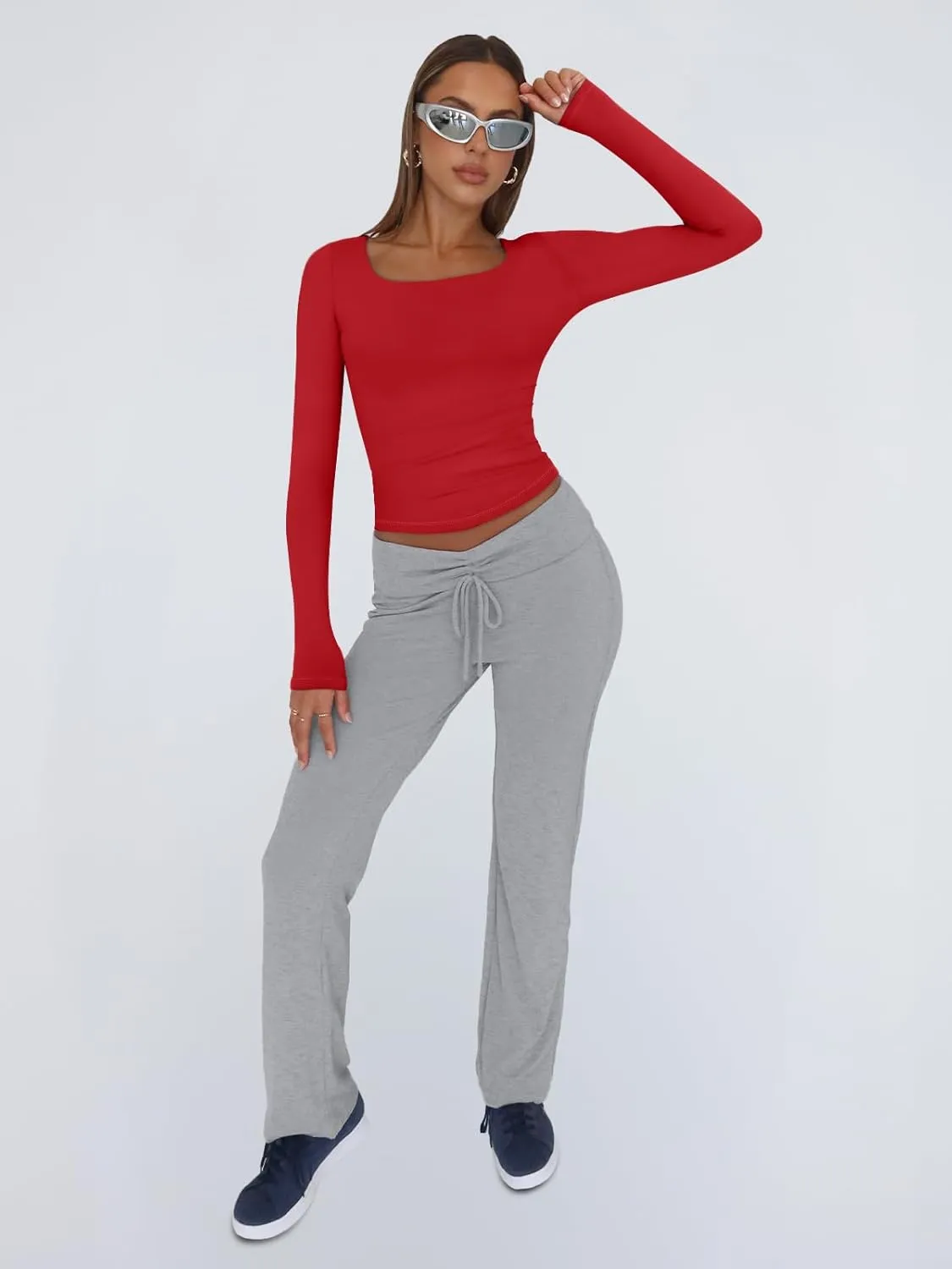 Trendy Queen Womens Long Sleeve Shirts Crop Tops Square Neck Going Out Basics Tees Y2K Winter Clothes 2025