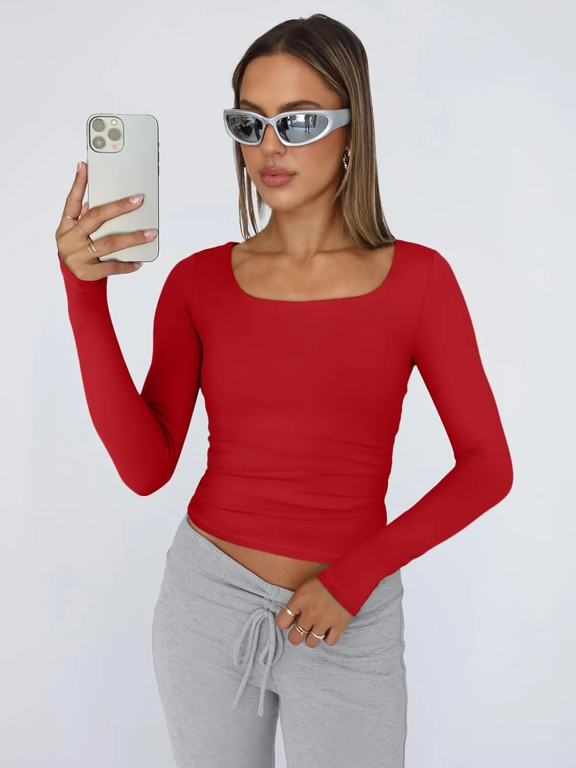 Trendy Queen Womens Long Sleeve Shirts Crop Tops Square Neck Going Out Basics Tees Y2K Winter Clothes 2025