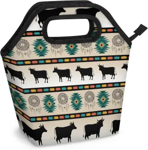 Tribe Cow Pattern Lunch Tote Bag Washable Reusable Insulated Lunch Box for Women Men Soft Lightweight Leakproof Lunch Tote Handbag for Work Offices Picnic Travel Beach