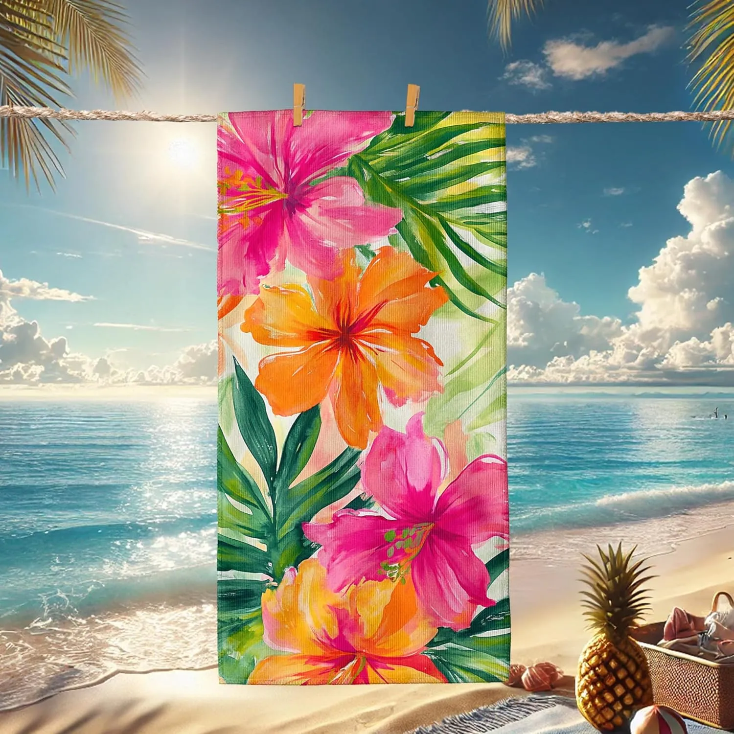 Tropical Floral Microfiber Beach Towel Peach Hibiscus Flowers Bath Towel, Quick Dry Absorbent Sand Free Lightweight Beach Blanket, Summer Vacation Pool Picnic Essentials 62x31 Inch