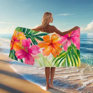 Tropical Floral Microfiber Beach Towel Peach Hibiscus Flowers Bath Towel, Quick Dry Absorbent Sand Free Lightweight Beach Blanket, Summer Vacation Pool Picnic Essentials 62x31 Inch