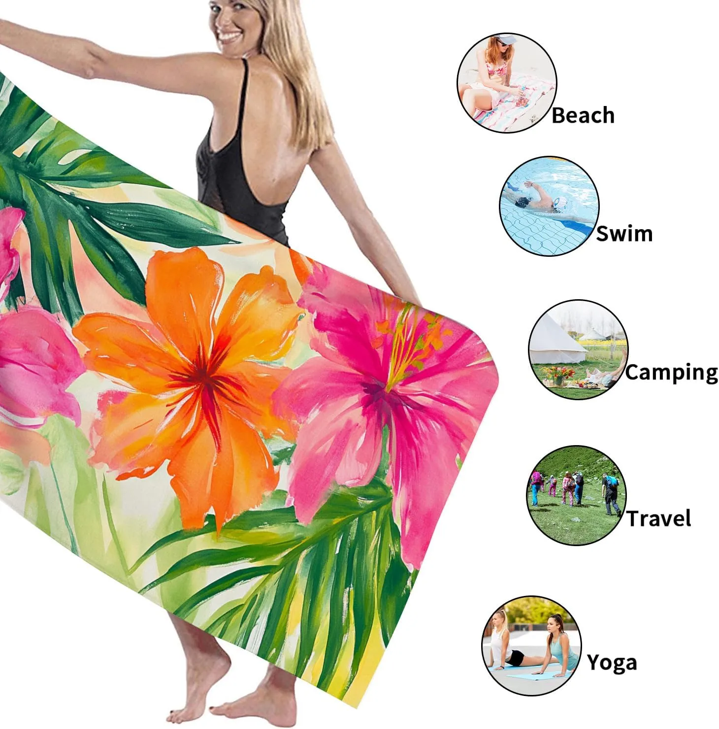 Tropical Floral Microfiber Beach Towel Peach Hibiscus Flowers Bath Towel, Quick Dry Absorbent Sand Free Lightweight Beach Blanket, Summer Vacation Pool Picnic Essentials 62x31 Inch