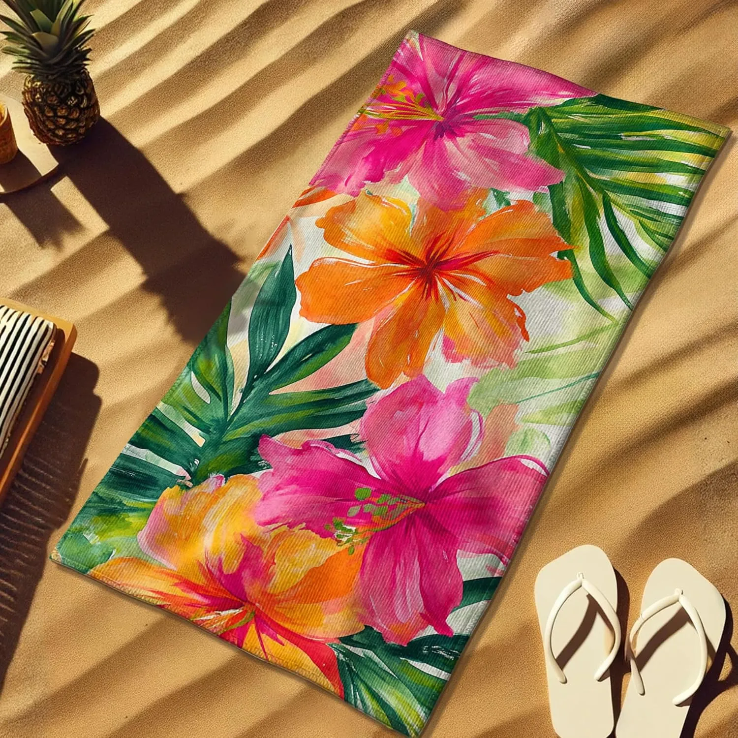 Tropical Floral Microfiber Beach Towel Peach Hibiscus Flowers Bath Towel, Quick Dry Absorbent Sand Free Lightweight Beach Blanket, Summer Vacation Pool Picnic Essentials 62x31 Inch