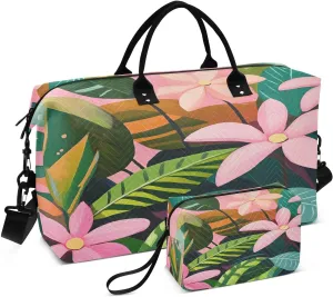 Tropical Flower Foliage Sports Gym Bag for Women Men Travel Duffel Bag Weekend Overnight Carry on Bag with Toiletry Bag Training Handbag for Yoga Workout Swimming Hospital Plane