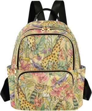 Tropical Flowers Of Orchids Palm Liana Tiger Giraffe Mini Backpack for Women, Travel Backpack Purse Daypack Shoulder Bag for Ladies
