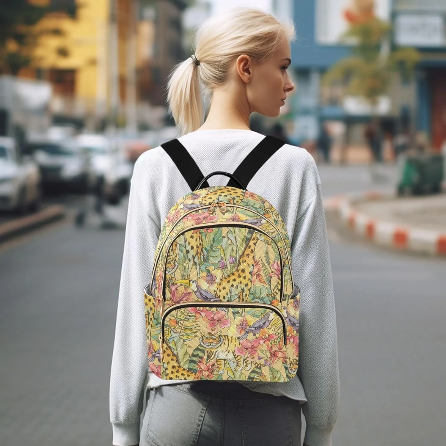 Tropical Flowers Of Orchids Palm Liana Tiger Giraffe Mini Backpack for Women, Travel Backpack Purse Daypack Shoulder Bag for Ladies