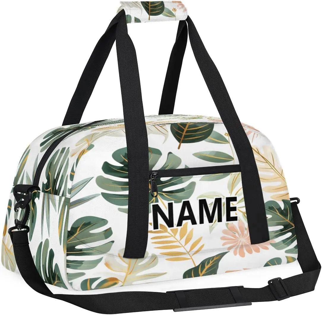 Tropical Palm Leaves Custom Small Gym Bag 18 inch for Women Men Personalized Summer Green Banana Leaf Monstera Plant Carry On Overnight Weekender Bag for Travel Work Dance Sport