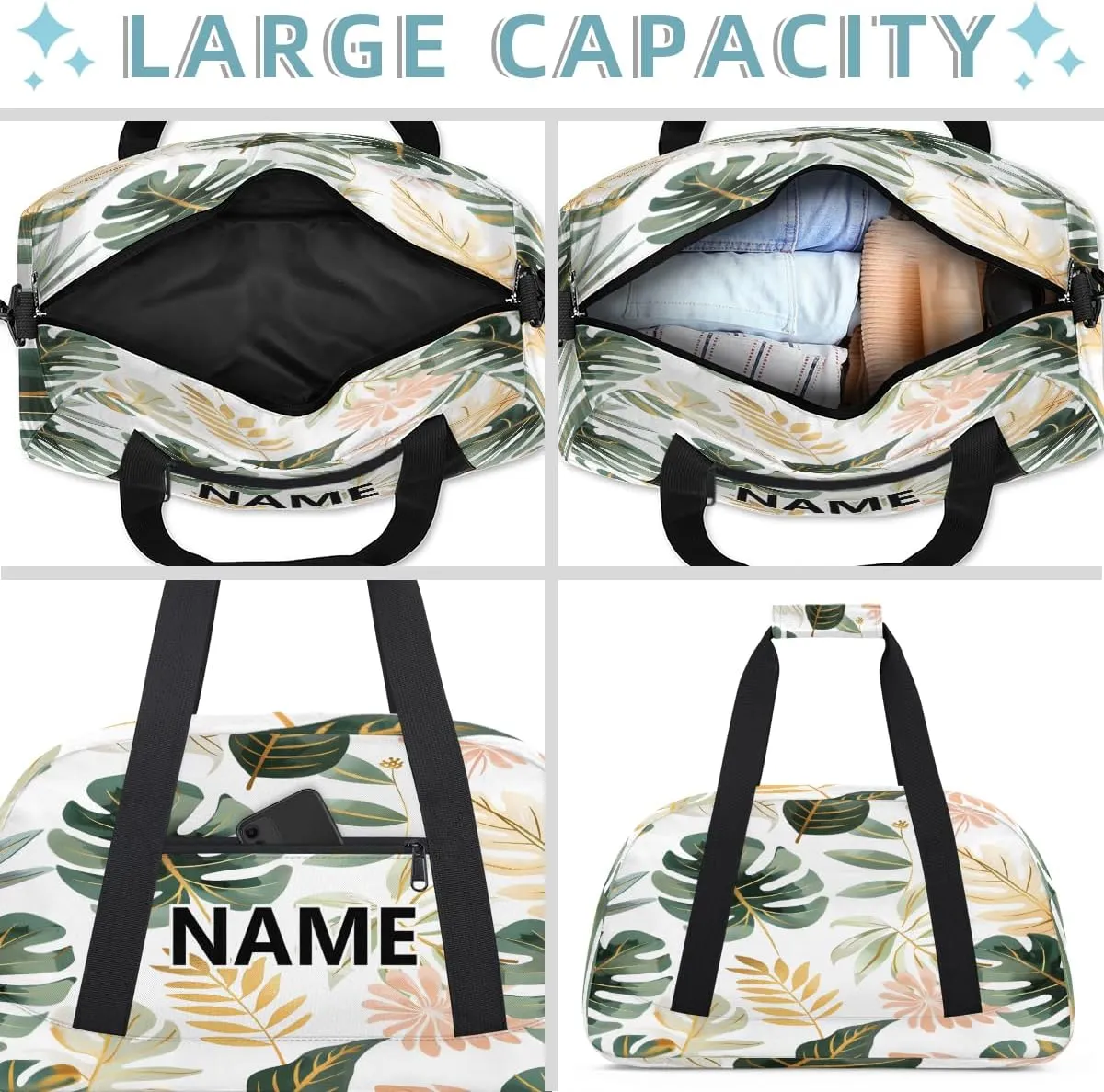 Tropical Palm Leaves Custom Small Gym Bag 18 inch for Women Men Personalized Summer Green Banana Leaf Monstera Plant Carry On Overnight Weekender Bag for Travel Work Dance Sport
