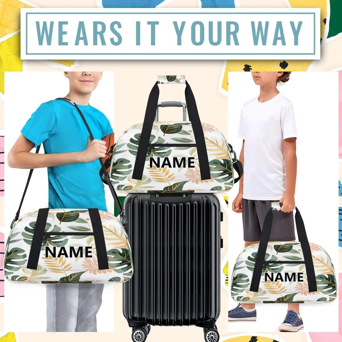 Tropical Palm Leaves Custom Small Gym Bag 18 inch for Women Men Personalized Summer Green Banana Leaf Monstera Plant Carry On Overnight Weekender Bag for Travel Work Dance Sport