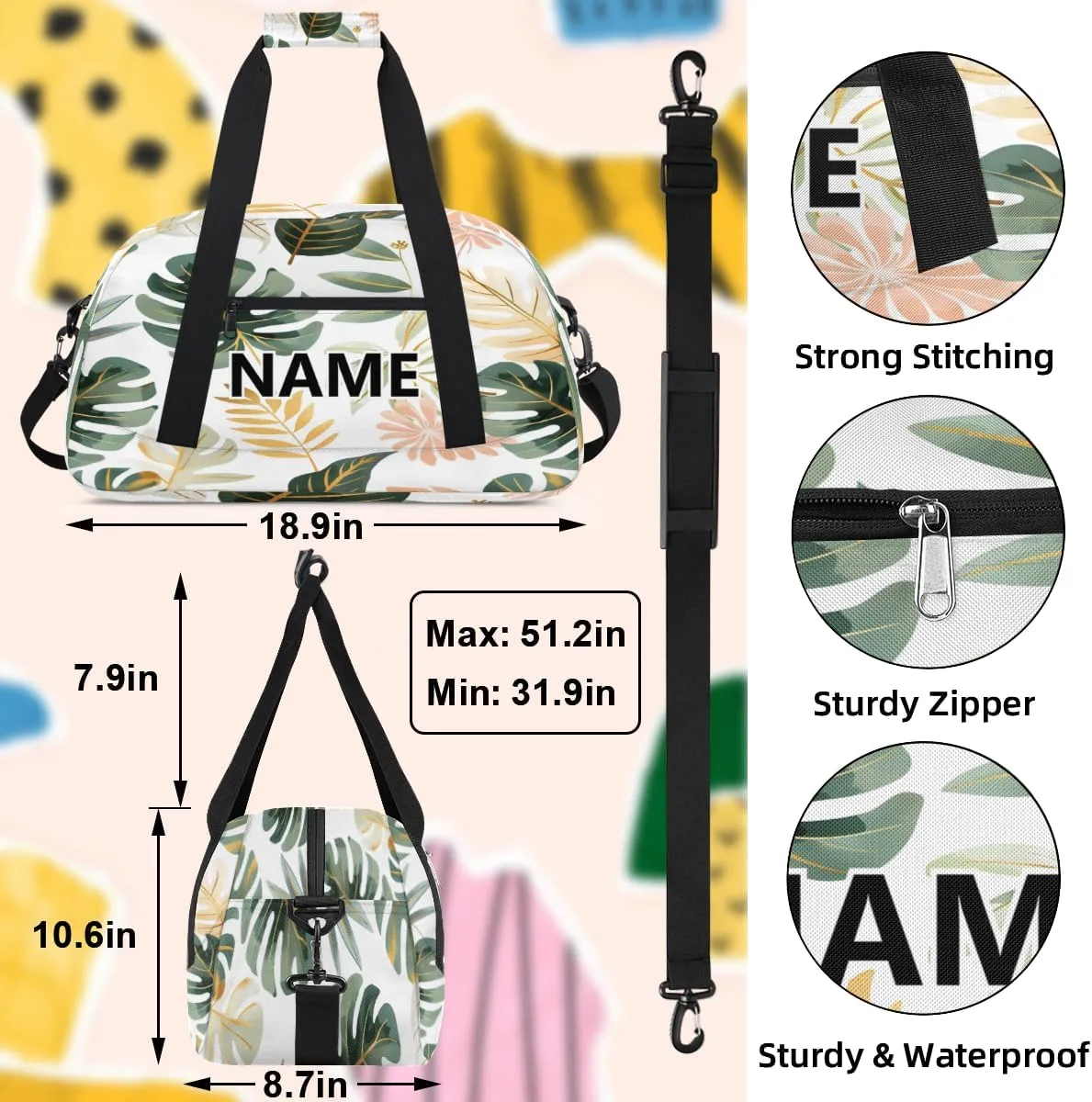 Tropical Palm Leaves Custom Small Gym Bag 18 inch for Women Men Personalized Summer Green Banana Leaf Monstera Plant Carry On Overnight Weekender Bag for Travel Work Dance Sport