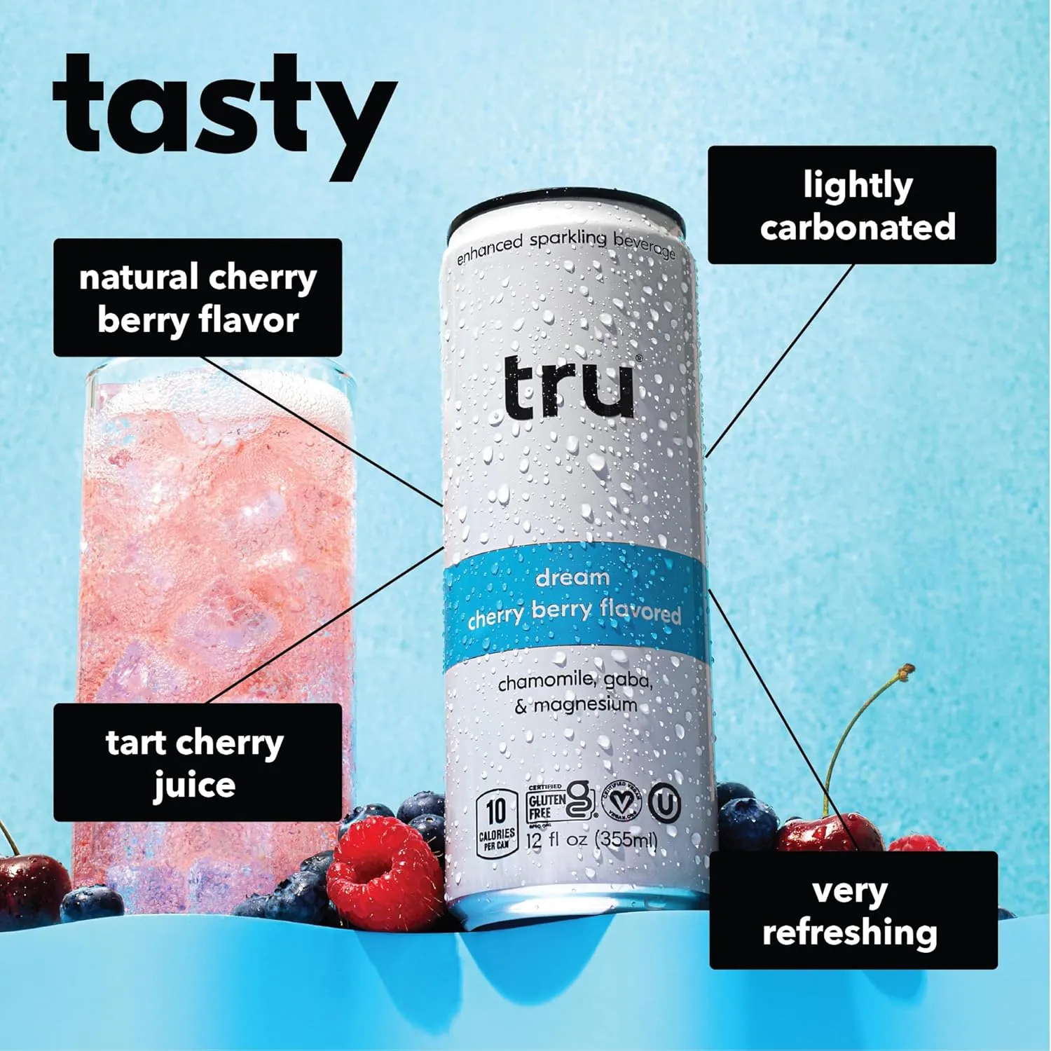 Tru Dream Seltzer, Cherry Berry, Sparkling Water with Chamomile, GABA, Magnesium & Tart Cherry Juice, Sweetened with Monk Fruit & Stevia, Gluten Free, Vegan, Caffeine Free, 12 FL OZ Cans, 12 Pack