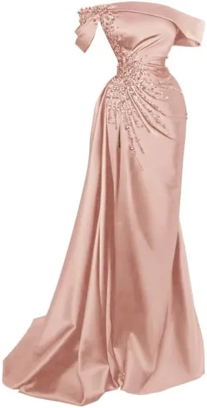 Tsbridal Mermaid Beads Prom Dress for Women with Slit Satin Long Off The Shoulder Formal Evening Party Gown