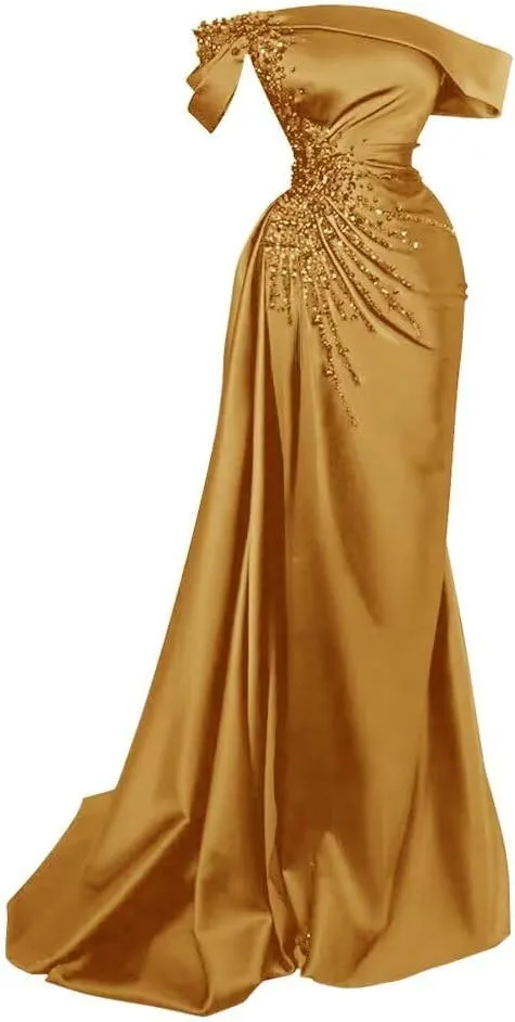 Tsbridal Mermaid Beads Prom Dress for Women with Slit Satin Long Off The Shoulder Formal Evening Party Gown