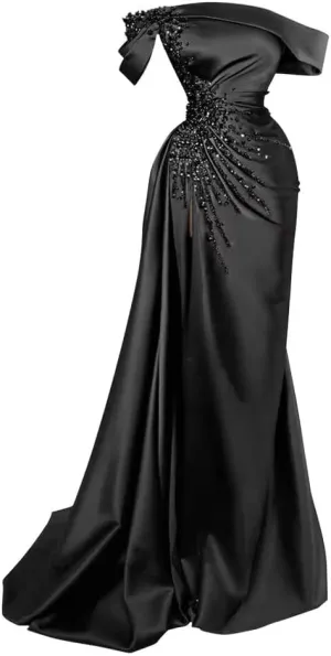 Tsbridal Mermaid Beads Prom Dress for Women with Slit Satin Long Off The Shoulder Formal Evening Party Gown