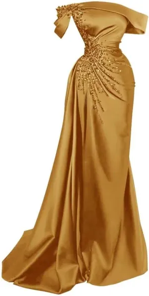 Tsbridal Mermaid Beads Prom Dress for Women with Slit Satin Long Off The Shoulder Formal Evening Party Gown