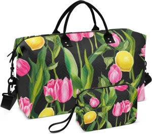 Tulips Lemons Refreshing Black Travel Duffel Bag with Toiletry Bag Weekender Bag for Carry on Sports Gym Bag for Maternity Mommy Hospital