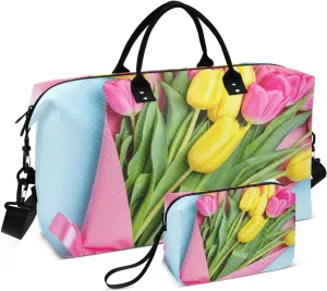 Tulips Wrapping Sweet Blue Travel Duffel Bag with Toiletry Bag Weekender Bag for Carry on Sports Gym Bag for Airlines Traveling