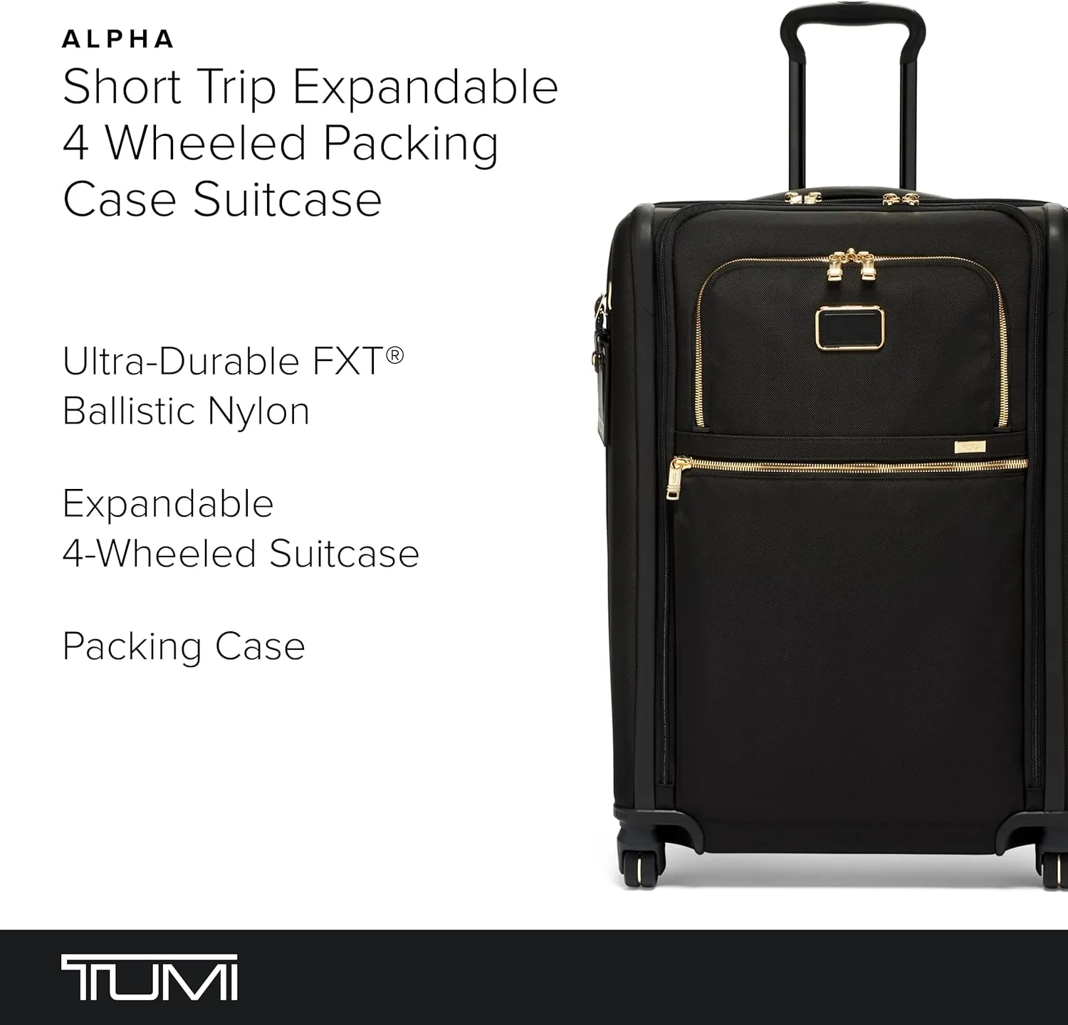 TUMI Short Trip Expandable 4-Wheeled Packing Case - Carry-On Suitcase with Combination Lock & Removable Garment Sleeve - Black/Gold
